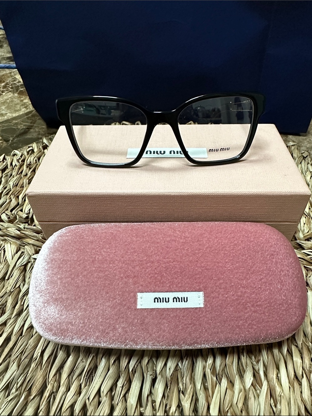 Miu Miu Black Cat-Eye Optical Glasses with Pink Velvet Case